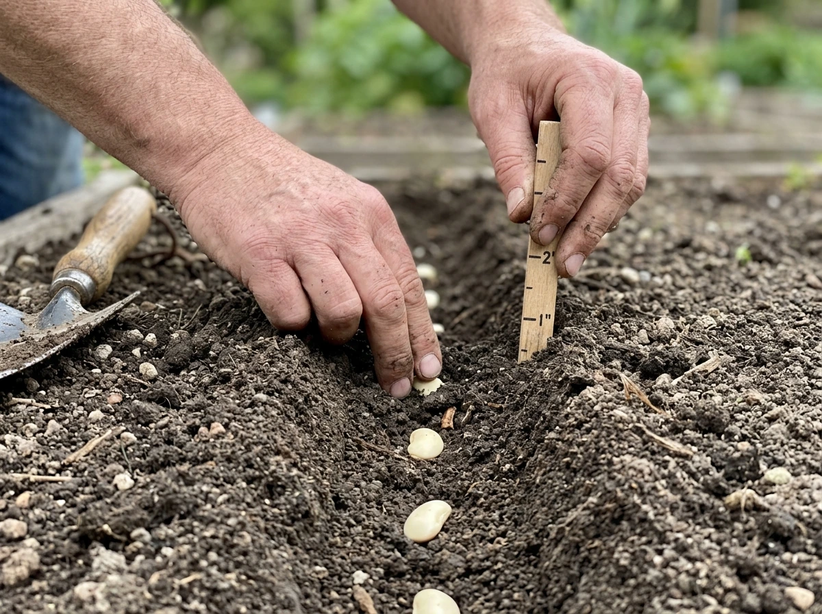 Hand placing bean seeds at the right planting depth
