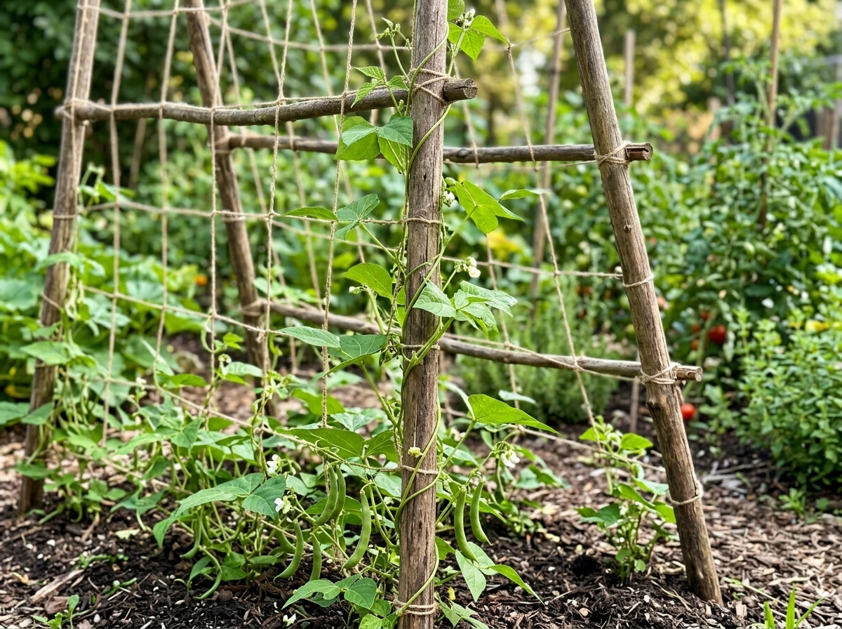 Pole bean trellis with climbing vines