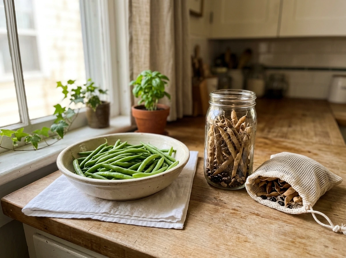 Harvested snap beans and dry beans stored separately