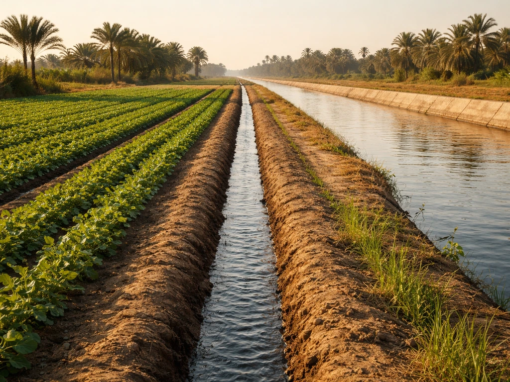 Dry-season Egyptian farm with irrigated fields and a visible water channel leading from a canal.