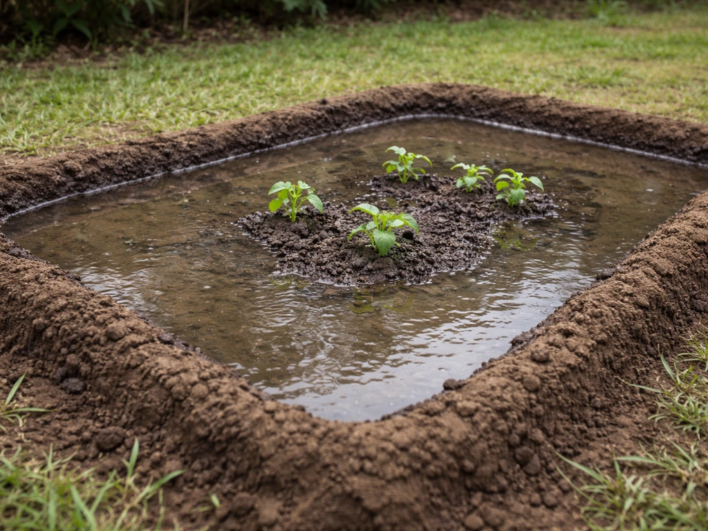 Close view of a garden basin irrigation bed with a low earthen berm holding shallow water.