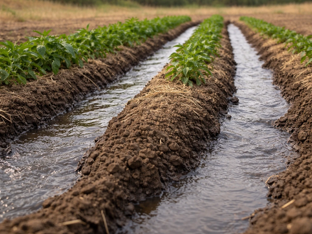 Furrow irrigation water flowing between slightly raised crop rows, keeping foliage dry
