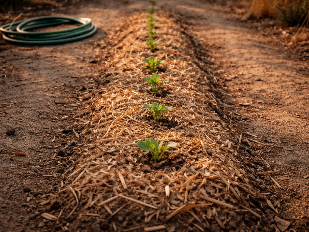 Mulched vegetable row with drought-tolerant seedlings and a garden hose beside the bed in dry conditions.