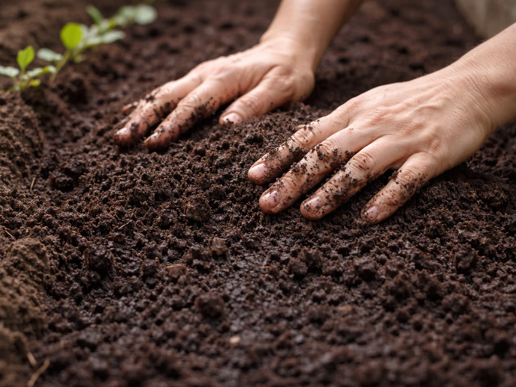 Hands spreading thick finished compost over dark garden soil, close-up of healthy soil care