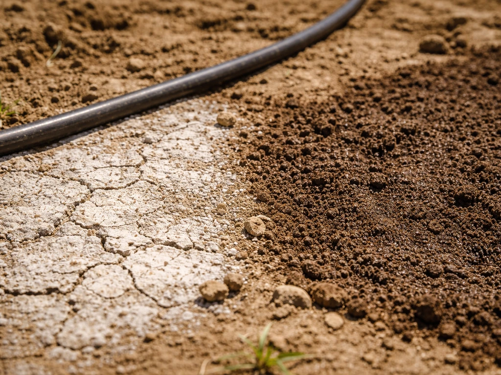 Crusted white salt on dry soil in an arid field, with drip irrigation line nearby