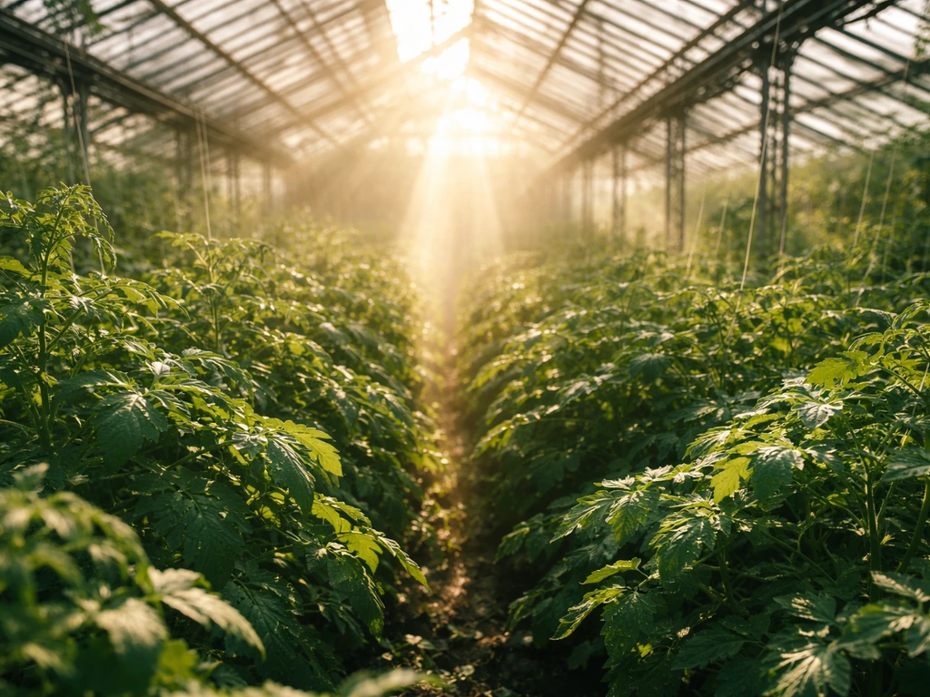 Sunlit greenhouse interior with dense leafy crops thriving under translucent glass panels.