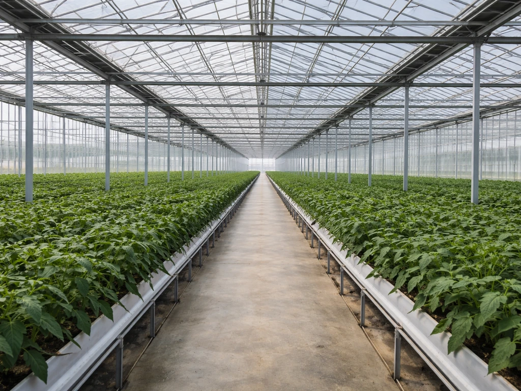 Wide view inside a greenhouse with neat plant rows and protective glass panels above.
