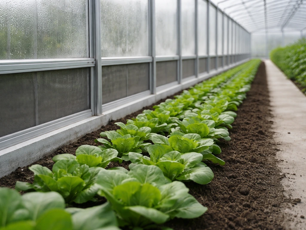 Close-up greenhouse crop row with insect-screened vents illustrating physical pest exclusion.