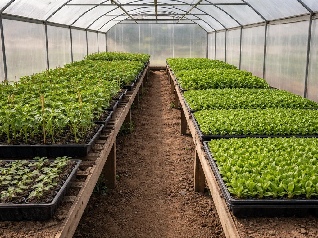 Minimal greenhouse view showing separated seedling trays for tomatoes/peppers and leafy greens.