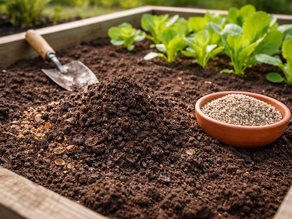 Soil in a raised veggie bed being amended with compost and organic fertilizer near seedlings.