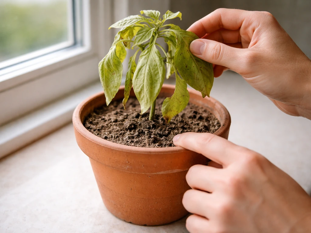 Hands inspecting a struggling potted vegetable plant’s leaves and soil for root-zone issues.