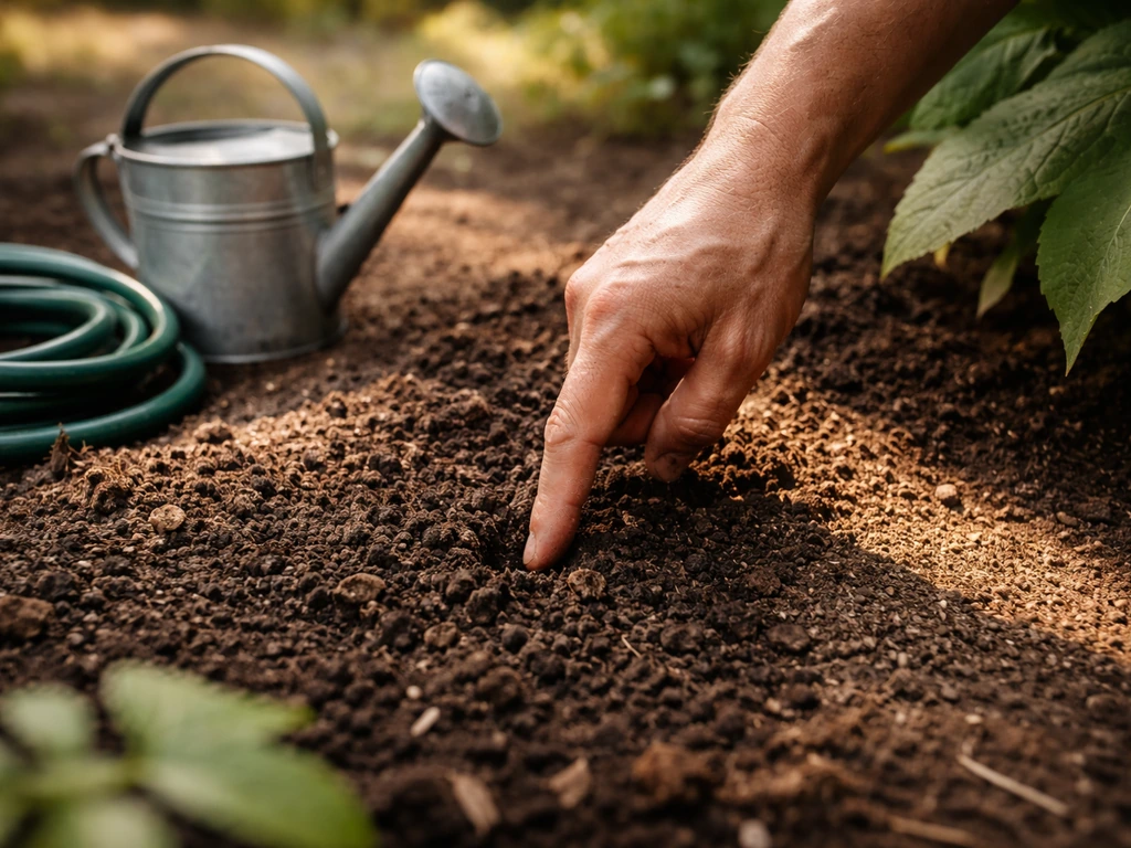 Gardener probing garden soil with fingertip while a small watering can sits nearby in soft daylight.