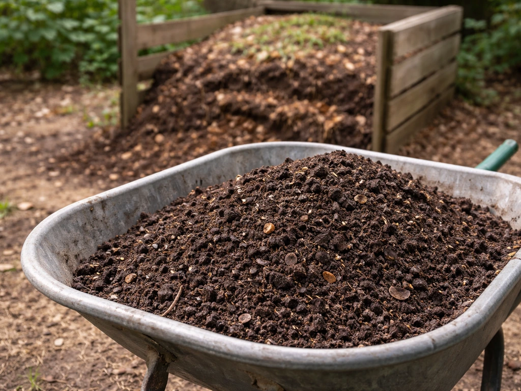 Dark finished compost in a wheelbarrow beside a hot compost pile in a backyard