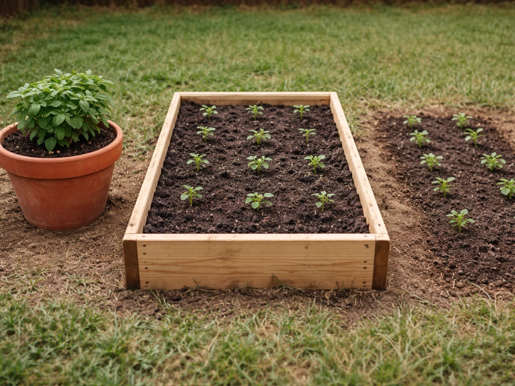 Side-by-side view of potted container, raised bed, and in-ground row plants with different soil moisture.