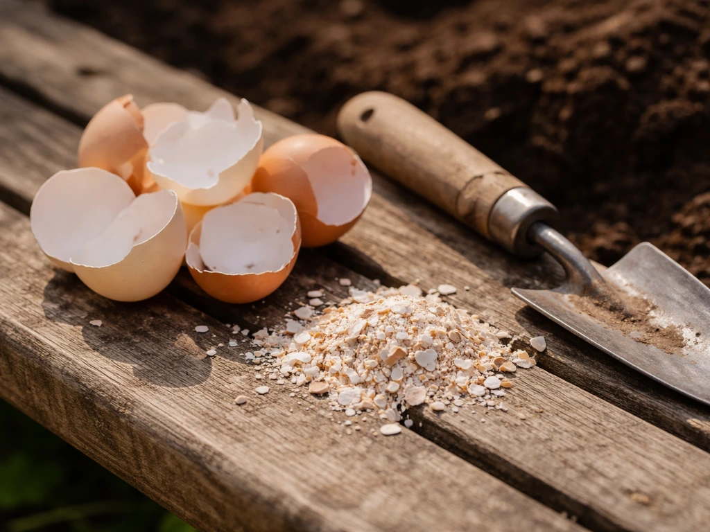 Close-up of cleaned dry eggshells and crushed pieces on a wooden bench beside garden soil.