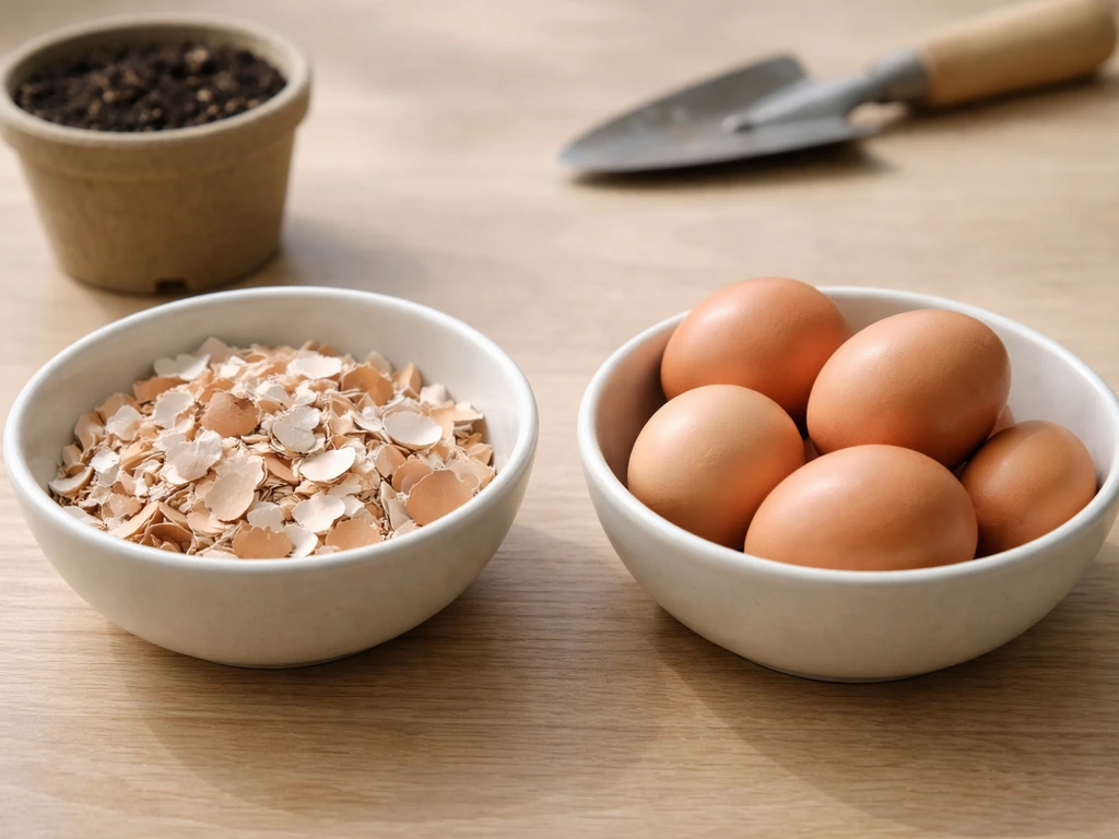 Crushed eggshells in one bowl and whole raw eggs in another beside dark garden soil and a trowel.
