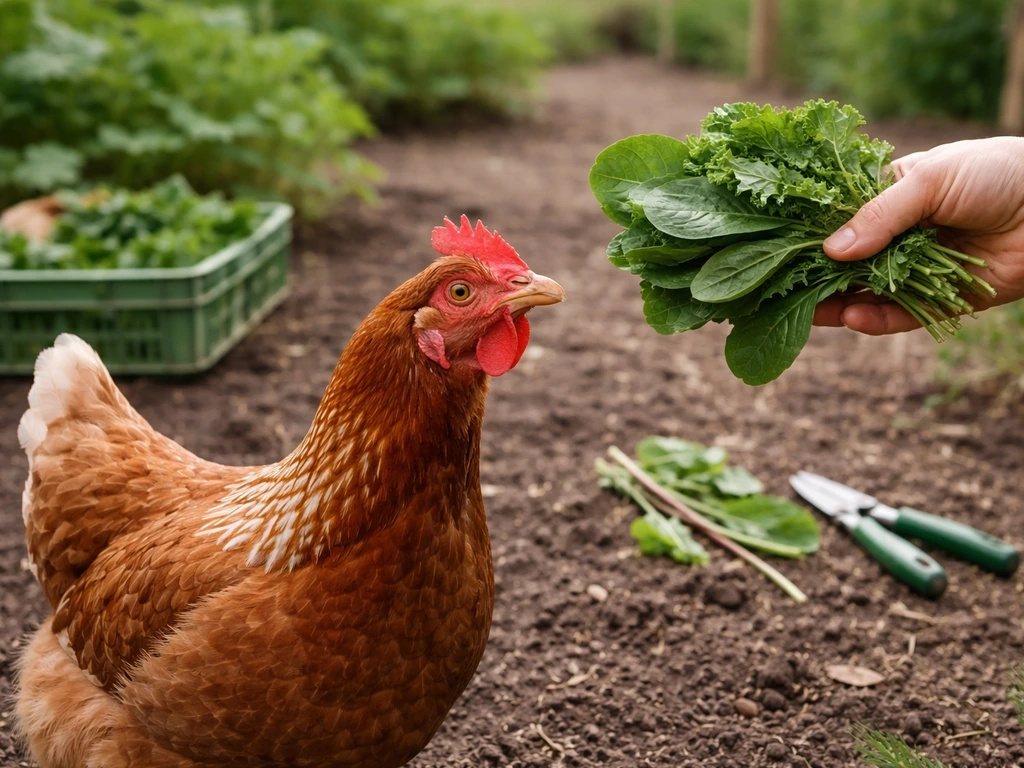 A backyard chicken being fed a handful of fresh cut leafy greens from a garden cutting setup.