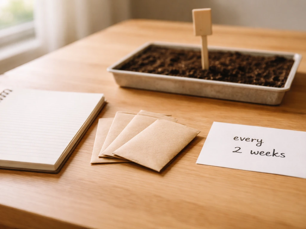 Kitchen table with small seed packets and handwritten card showing “every 2 weeks” for succession planting schedule