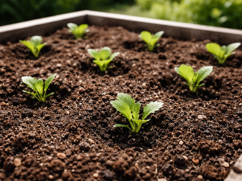 Close-up of leafy-green seedlings freshly planted in loose, compost-amended soil in a raised bed