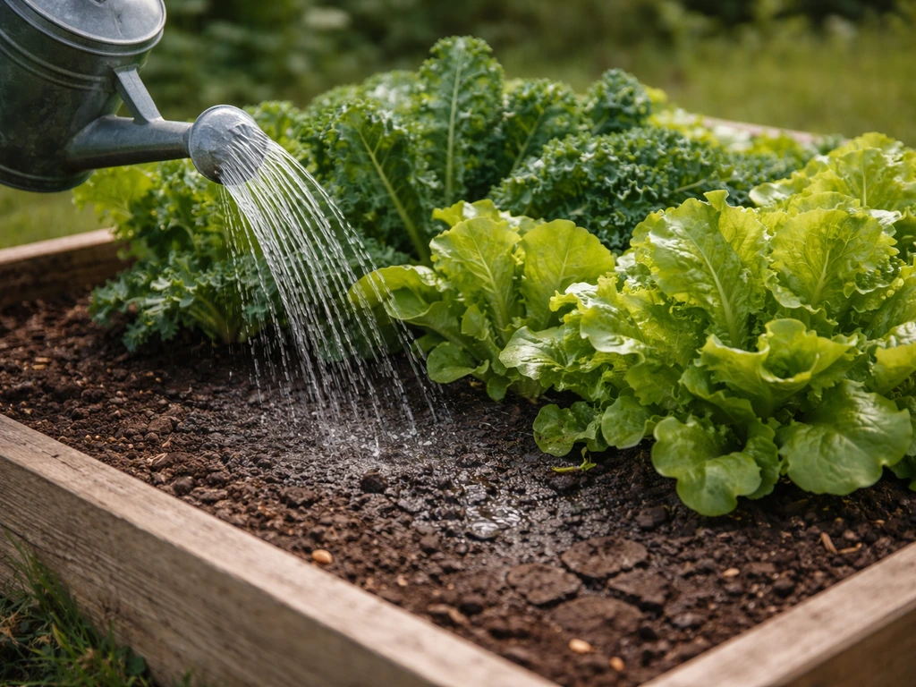 Hand watering leafy greens with a watering can; soil surface slightly dry between waterings.