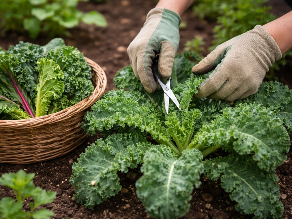 Hands using scissors to cut outer kale leaves; inner crown intact; basket of harvested greens nearby.
