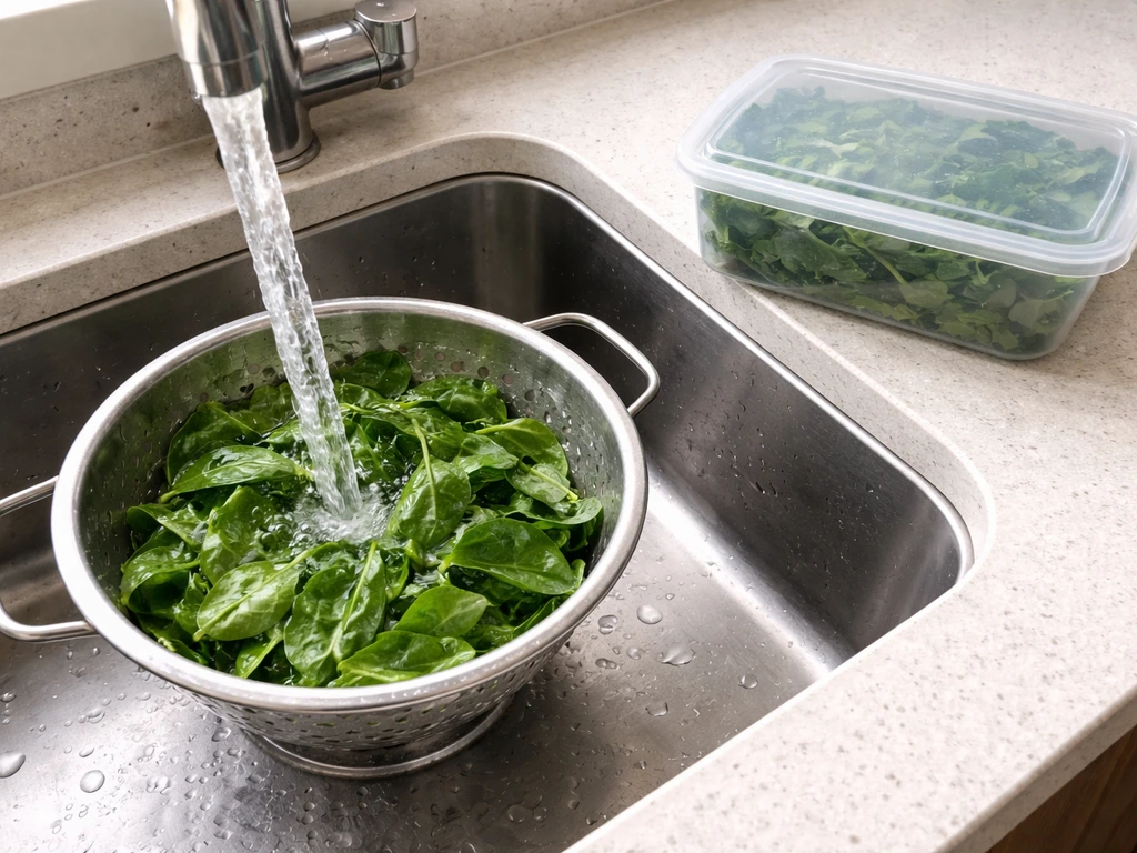 Fresh leafy greens being rinsed in a clean sink with a separate container for uneaten greens.