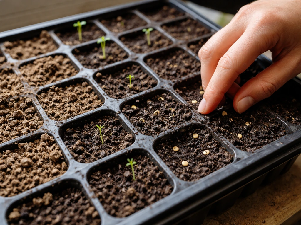Seed tray with sparse uneven sprouts; a hand shows shallow correct planting depth and dry vs damp soil.