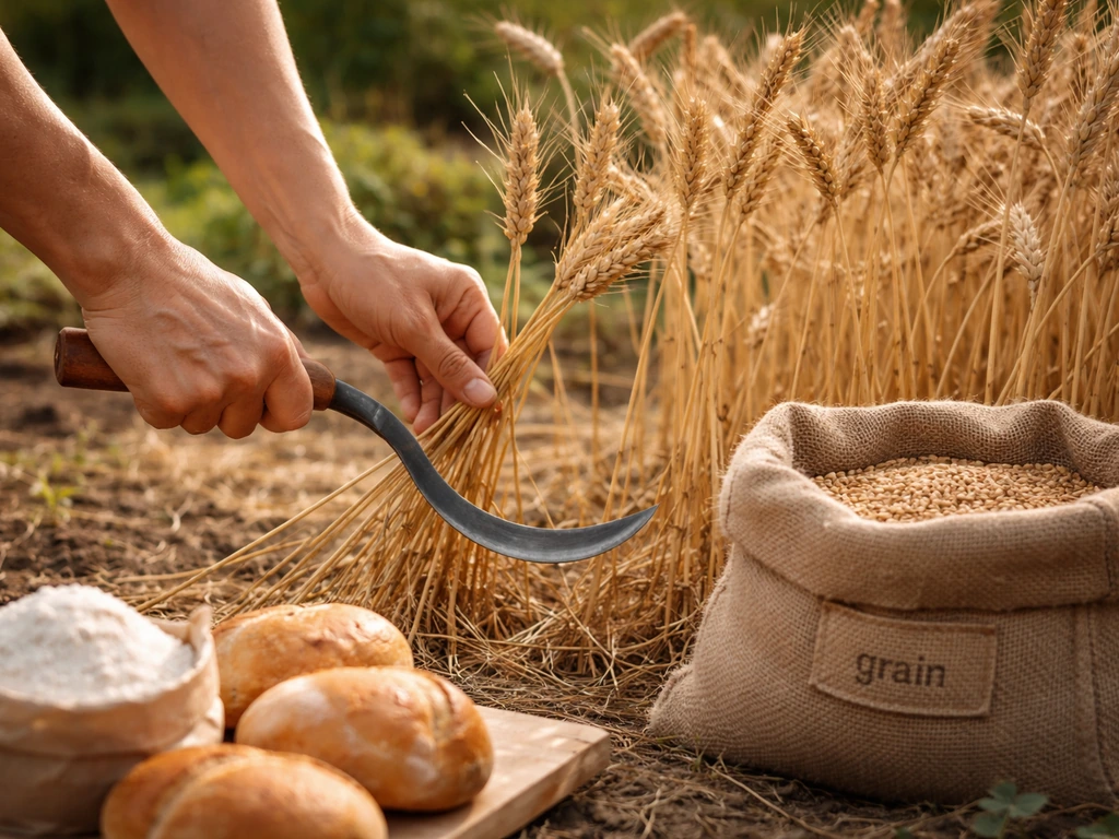 Ripe standing wheat ready for harvest with a jute grain sack and flour/bread in the foreground.
