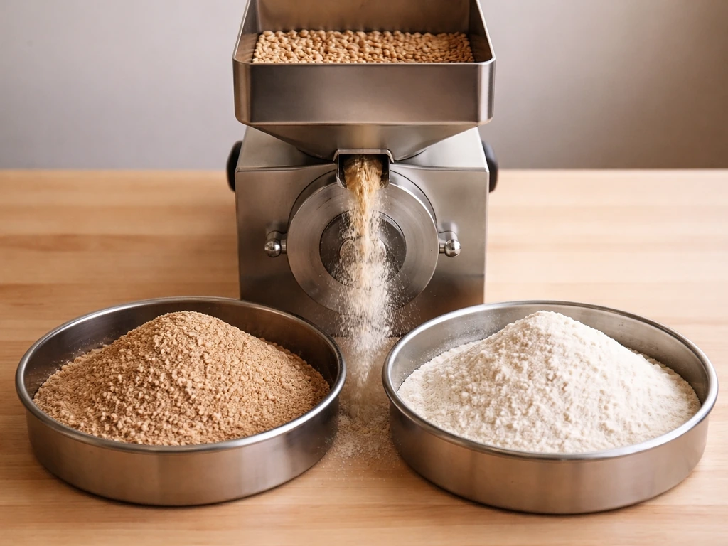 Wheat kernels being milled into two trays showing coarse whole-wheat flour and fine white flour.