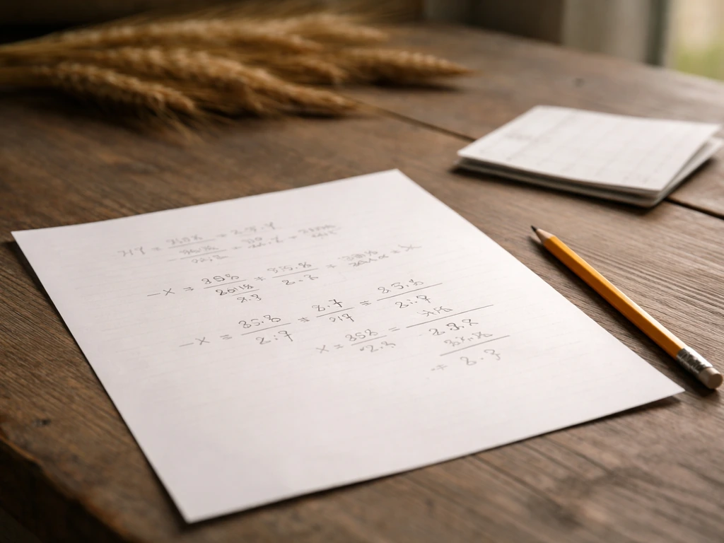 Handwritten-style math worksheet on a wooden table with farming planning notes and a pencil