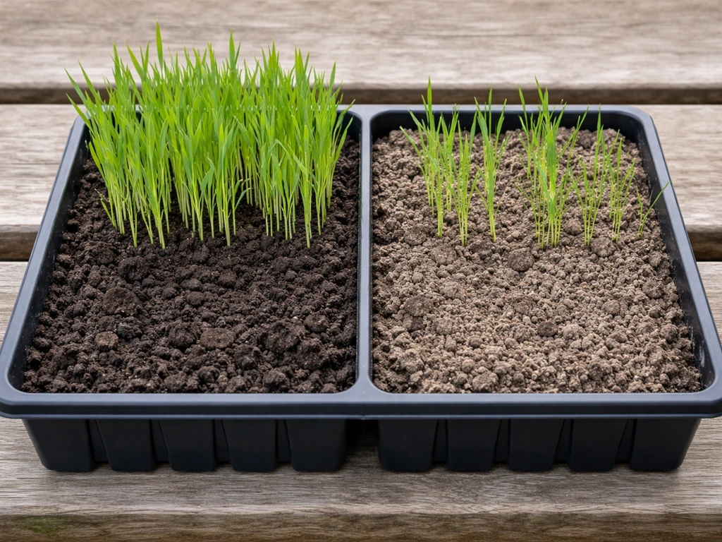 Two-sided tray comparing healthy wheat in rich soil vs stunted wheat in pale, compacted soil