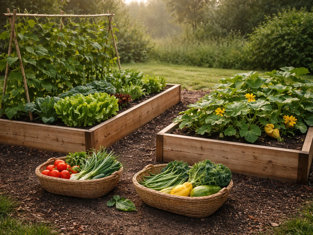 Raised vegetable beds with greens, beans, and squash, plus harvest baskets filled with fresh produce.