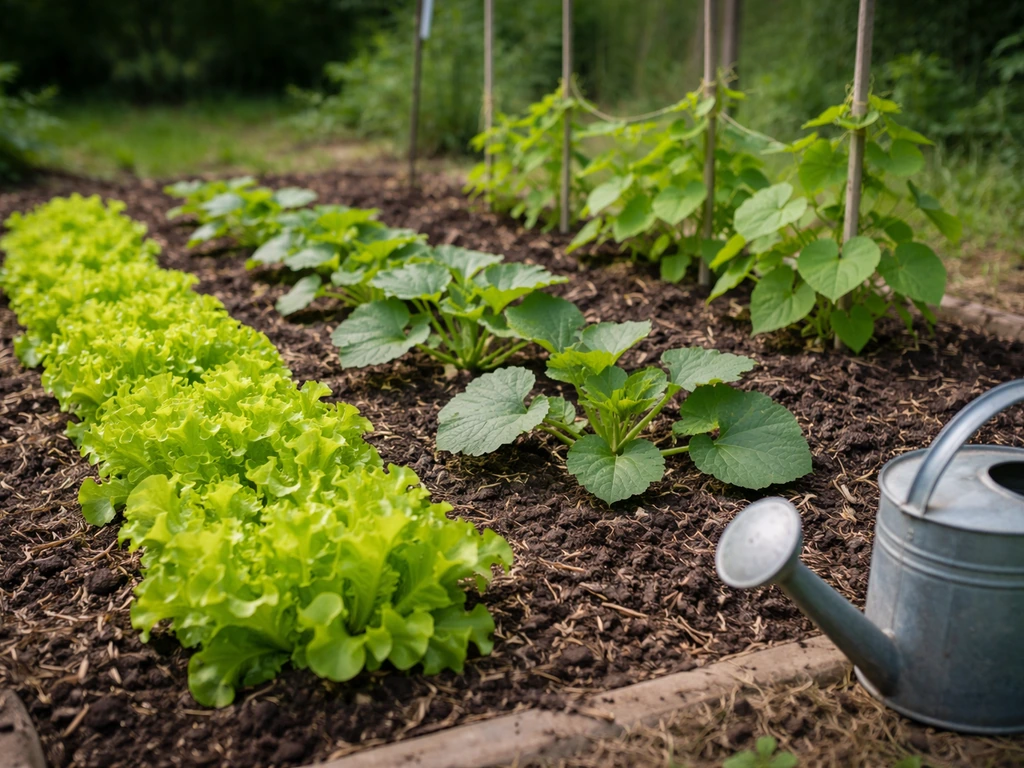 Minimal garden plot showing leafy lettuce and zucchini seedlings with a simple mulch bed and watering can