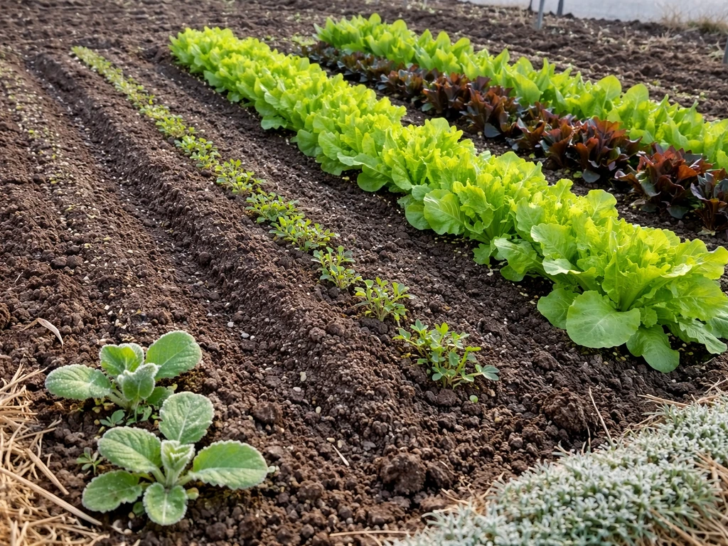Minimal garden bed with frost-tolerant leaf lettuce in neat rows, showing early sowing furrows in soil.