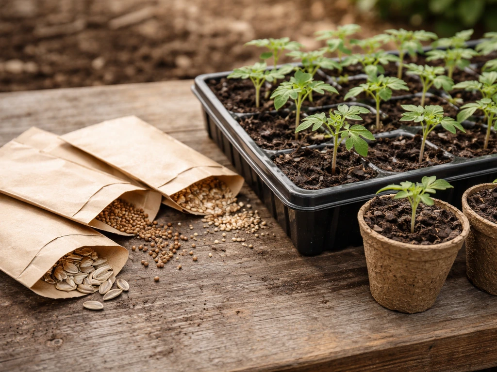 Seed packets and young tomato seedlings in small pots and a tray, side-by-side on soil.