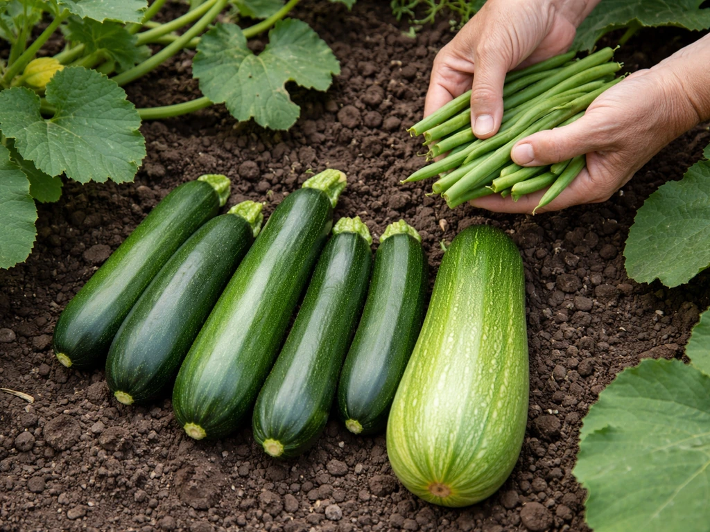 Gardener hands harvesting zucchini and green beans at peak size, with one overgrown zucchini nearby.