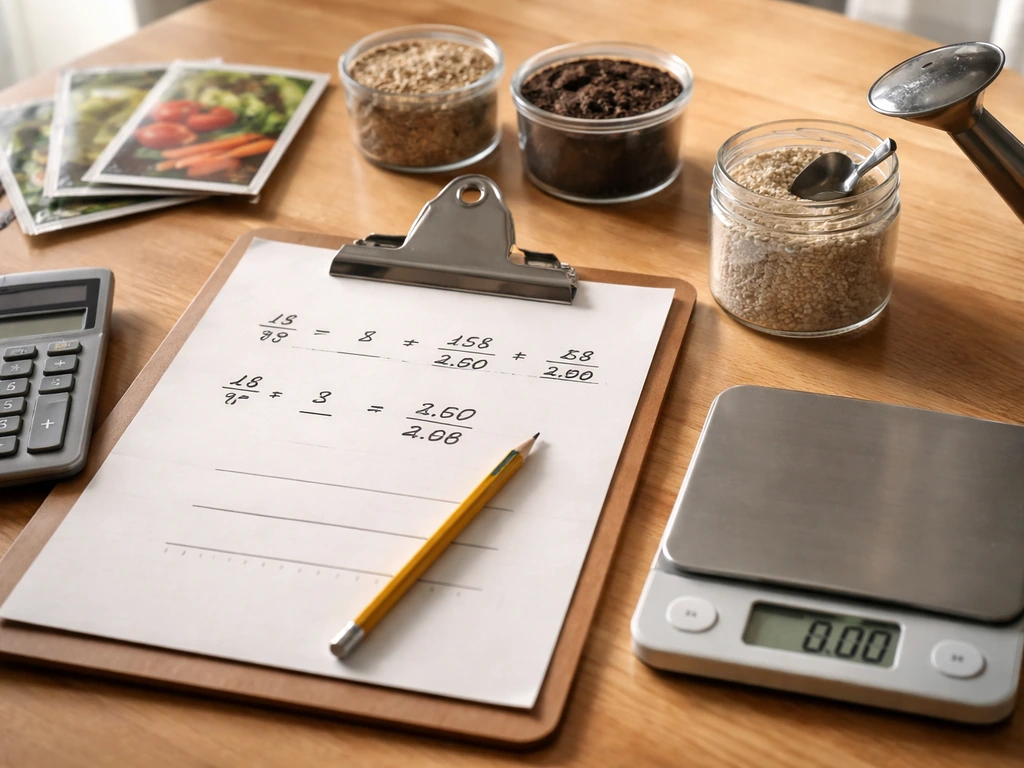 Calculator and gardening cost items arranged on a table beside an unlabeled cost-per-pound worksheet.