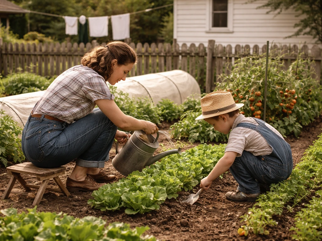 Family tending a compact 1940s backyard victory garden with abundant vegetables and period tools.