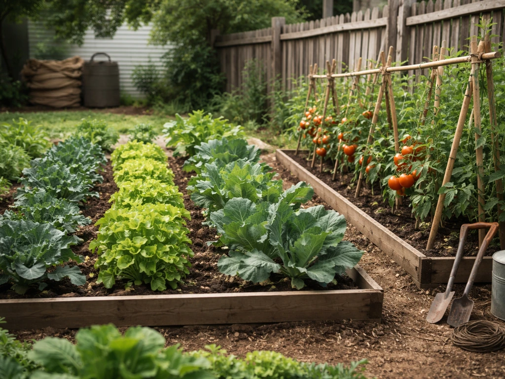 Dense raised-bed victory garden with ripening tomatoes, simple backyard shed backdrop cues, no people.