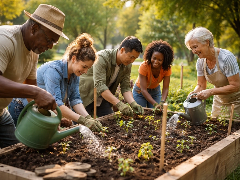 Neighbors working together in a shared city garden bed, smiling and tending plants.