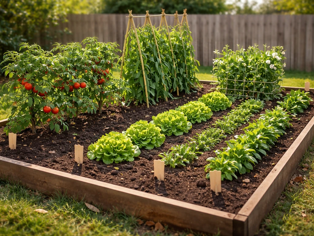 Minimal victory garden bed with tomatoes, green beans, lettuce, and peas in neat rows.