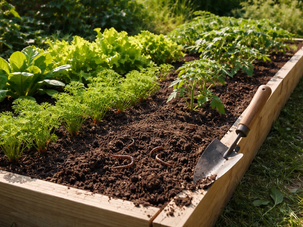 Sunlit raised-bed home garden with mixed healthy crops growing from rich dark soil.