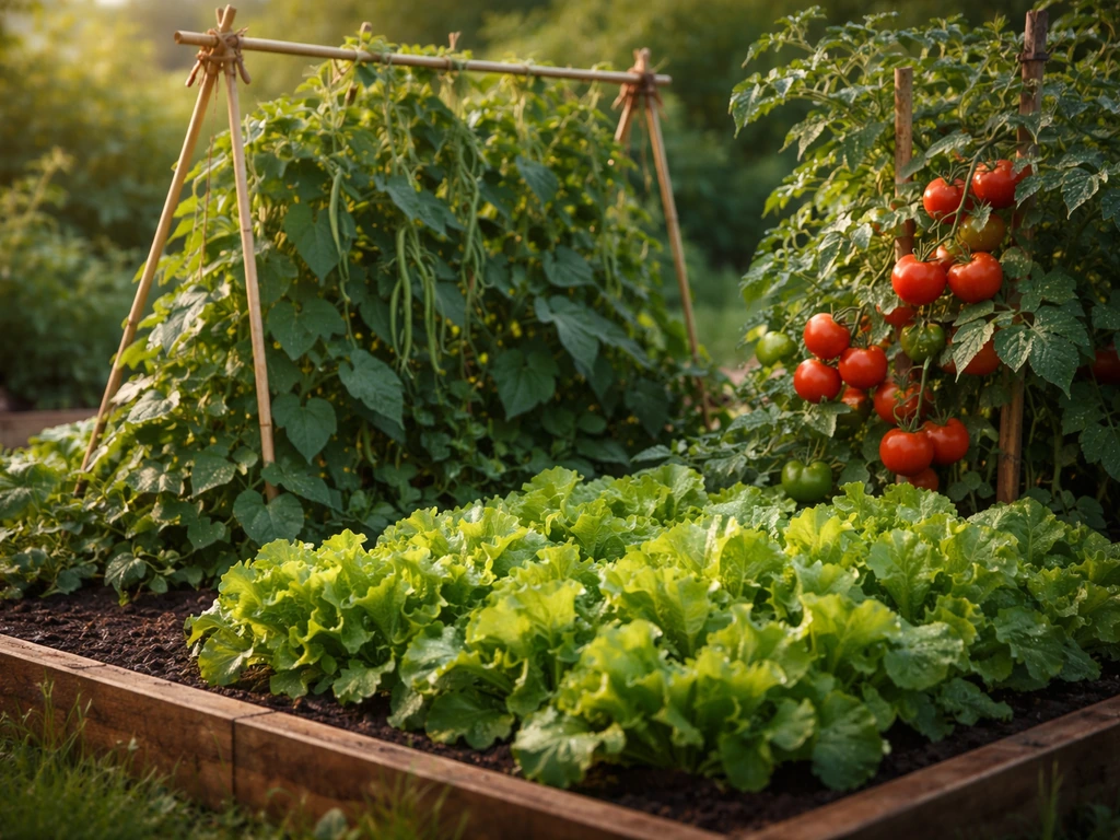 Harvest-ready homegrown lettuce, beans, and tomatoes in a backyard garden bed in natural morning light.