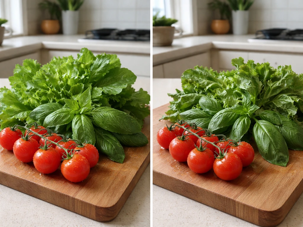 Side-by-side fresh harvest produce with dew versus slightly wilted store-bought vegetables on a wooden board.