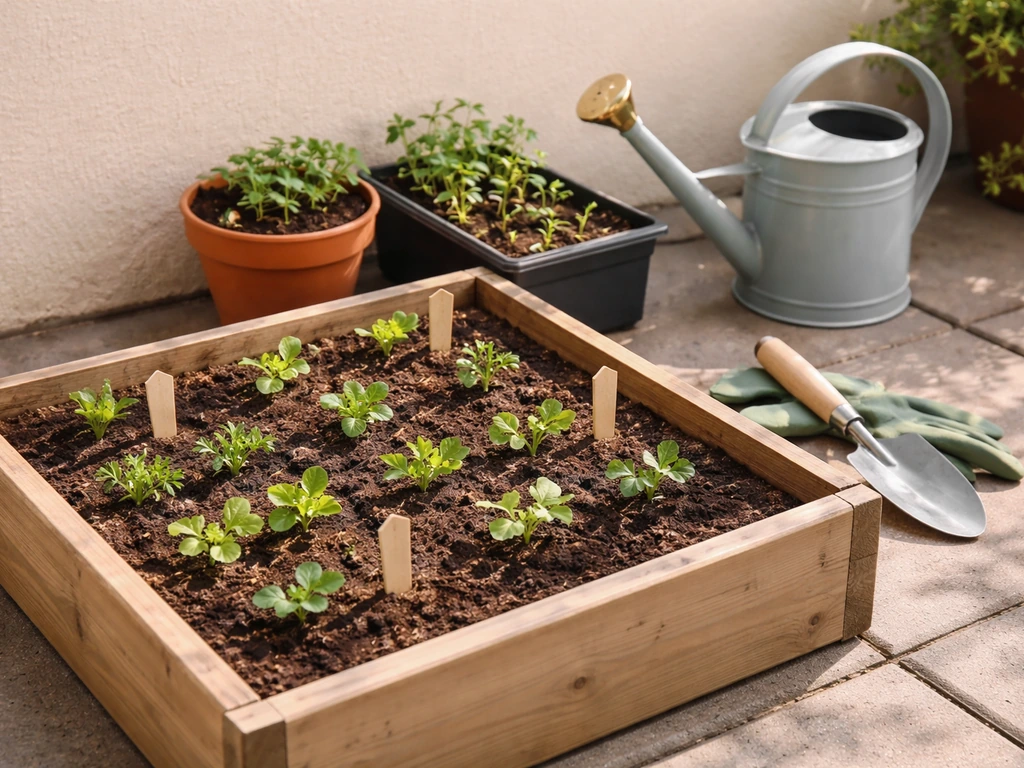 Small raised bed with starter seedlings and a watering can and hand tools nearby.