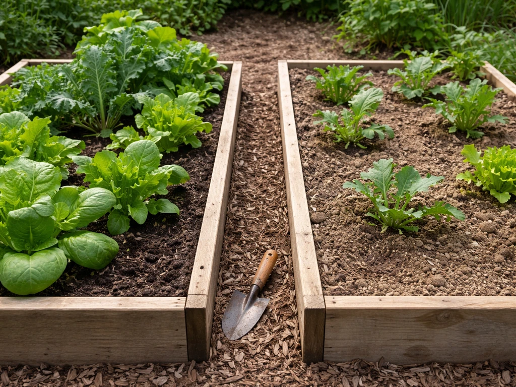 Two adjacent raised veggie beds: one lush with rich compost, one less vigorous with lighter soil.