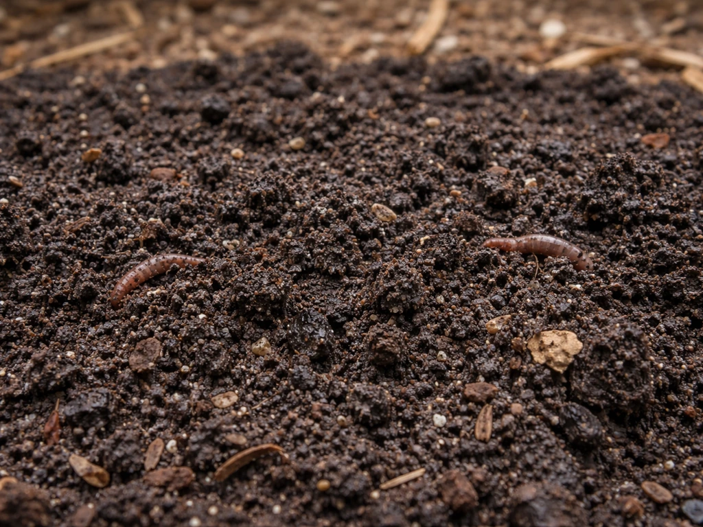 Close-up of dark crumbly compost-amended soil with small earthworms, showing active fertile texture.