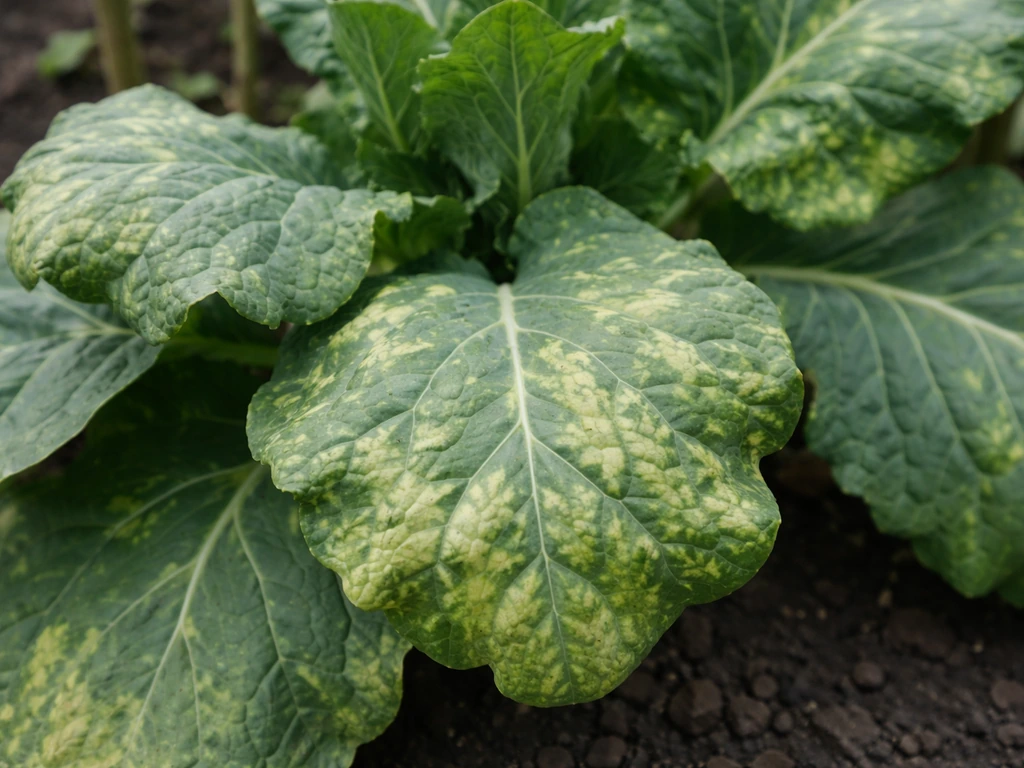Close-up of vegetable leaves showing pale yellowing and patchy nutrient deficiency on a garden plant.