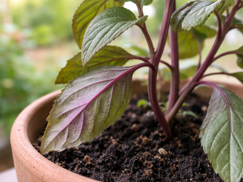 Close-up of older plant leaves showing purple discoloration along stems and undersides in early spring light.