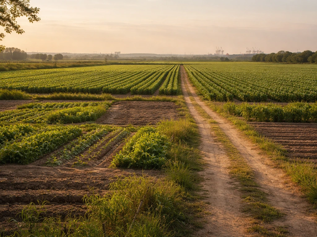 Sunlit farm landscape with mixed small plots shifting into uniform cash-crop rows and distant rail/port silhouettes.